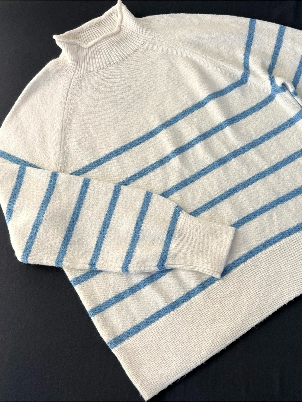 Eddie Bauer Cream Turtleneck Sweater with Light Blue Stripes